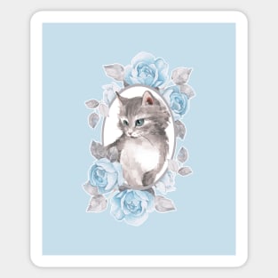 Kitten with blue roses Sticker